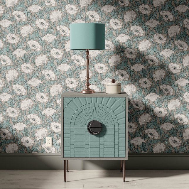 Vintage Poppy in Sky Blue Grey  Tapete (Von Creator hochgeladen)