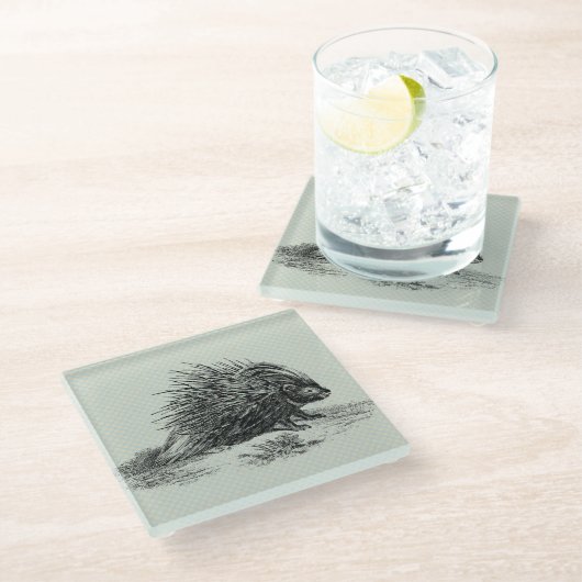 Vintage Porcupine-Illustration Glasuntersetzer (Schrägansicht)