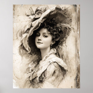 Vintage-Porträt einer Dame mit elegantem Hut Poster