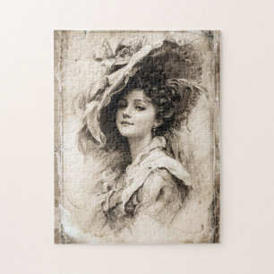 Vintage-Porträt einer Dame mit elegantem Hut Puzzle