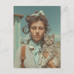 Vintage-Porträt eines Mädchens, das ein Kätzchen h Postkarte