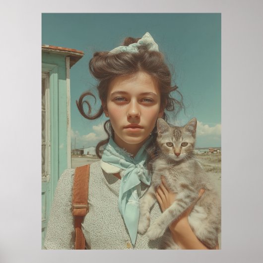 Vintage-Porträt eines Mädchens mit Kätzchen Poster (Vorne)