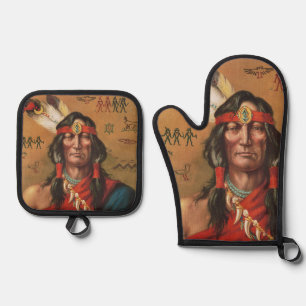 Vintage Porträtkunst indianischer Häuptlinge Ofenhandschuh & Topflappen-Set