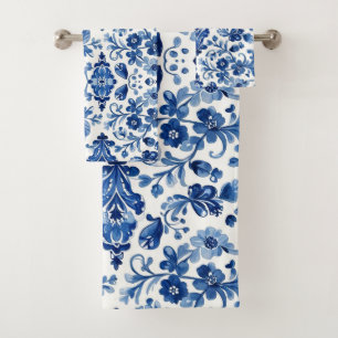Vintage portugiesische blaue Blumenfliese Badhandtuch Set