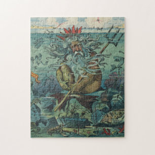 Vintage-Poseidon- & gesunkene Schiffe-Illustration Puzzle