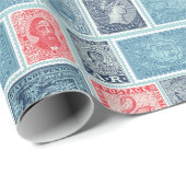 Vintage postale Briefmarke Blaues Illustrationsmus Geschenkpapier (Rolleneckpunkt)