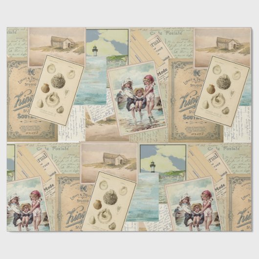Vintage Postcard Seaside Beach Collage Geschenkpapier (Flach)