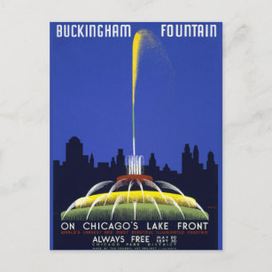 Vintage Poster, Chicagos Buckingham Fountain, DIY Postkarte