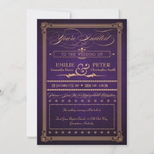 Vintage Poster Dunkelviolette Hochzeit & Empfang Einladung