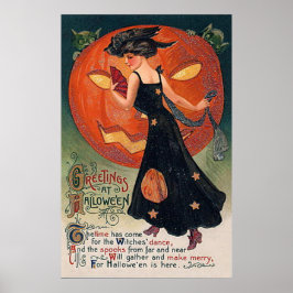 Vintage Poster Halloween Hexe & Pumpkin