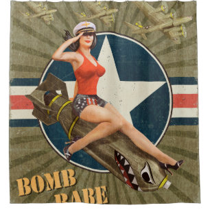Vintage Poster mit Button-up Girl auf Bombe. abstr Duschvorhang