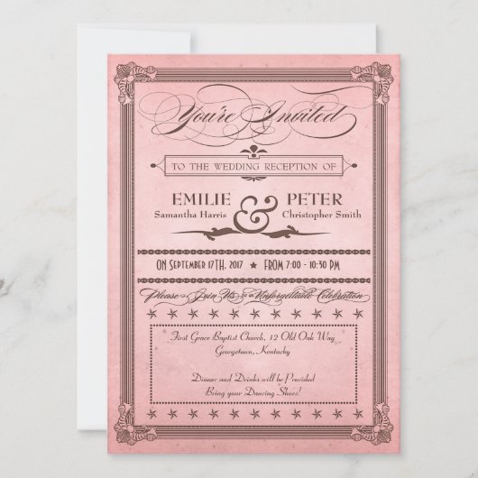 Vintage Poster Pink & Brown Empfang nur Hochzeit Einladung (Vorderseite)