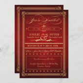 Vintage Poster Plush Red Wedding & Empfang Einladung (Vorne/Hinten)