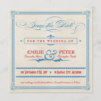 Vintage Poster rot, weiß und blau Save the Date
