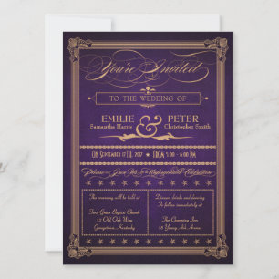 Vintage Poster Stil Aubergine Lila Hochzeit Einladung