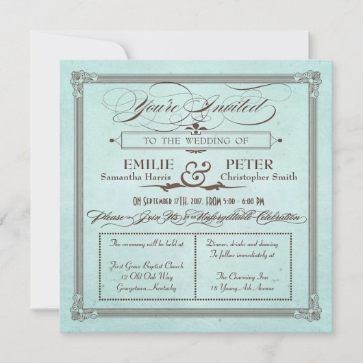 Vintage Poster Style Blue & Brown Square Wedding Einladung (Vorderseite)