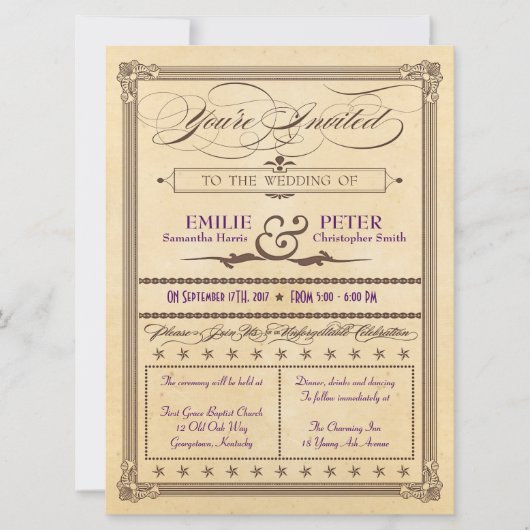 Vintage Poster Style Cream & Brown Wedite Einladun Einladung (Vorderseite)