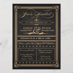 Vintage Poster Style Kohle und Gold Hochzeit Einladung