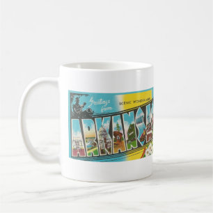 vintage-Postkarte ARKANSAS mit großen Buchstaben Kaffeetasse