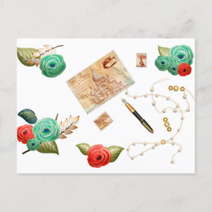 Vintage Postkarte Blumen Perlen Stifte Stempel