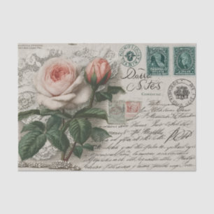 Vintage-Postkarte, französische Schrift, Rosen Seidenpapier