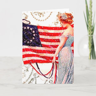 Vintage Postkarte Kunst Flaggen-Damen-am 4. Juli