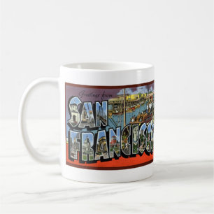 vintage Postkarte mit großen Buchstaben San Franci Kaffeetasse