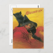 Vintage Postkarte mit Hexenkatze und Schwarzer Ka (Vorne/Hinten)