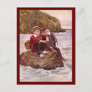 Vintage-Postkarte mit Jungen, die auf einem Felsen Postkarte
