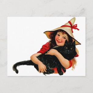 Vintage-Postkarte mit kleiner Hexe und Katze Postkarte