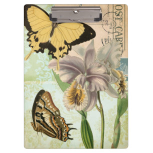 Vintage Postkarte mit Schmetterlingen und Blume Klemmbrett
