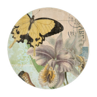Vintage Postkarte mit Schmetterlingen und Blume Schneidebrett