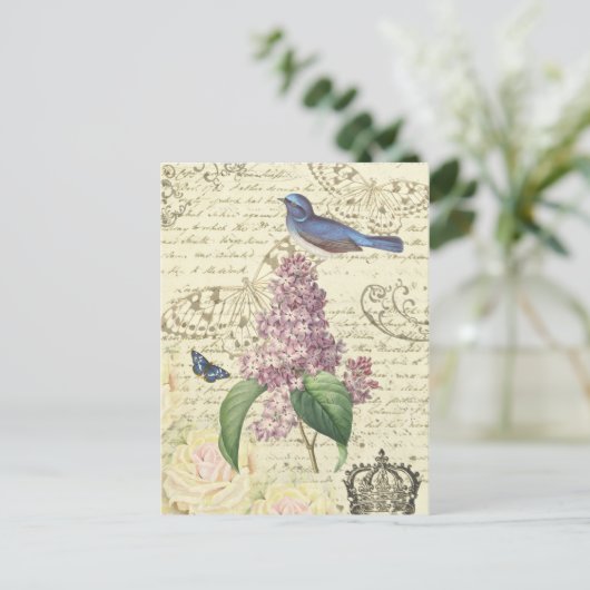 Vintage Postkarte mit Vogel und Lila (Stehend Vorderseite)