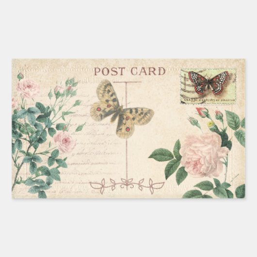 Vintage Postkarte Rosa Rose & Butterfly Scrapbook Rechteckiger Aufkleber (Vorderseite)