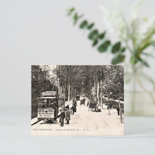 Vintage Postkarte, Straßenbahn in Fontainbleau Postkarte (Stehend Vorderseite)