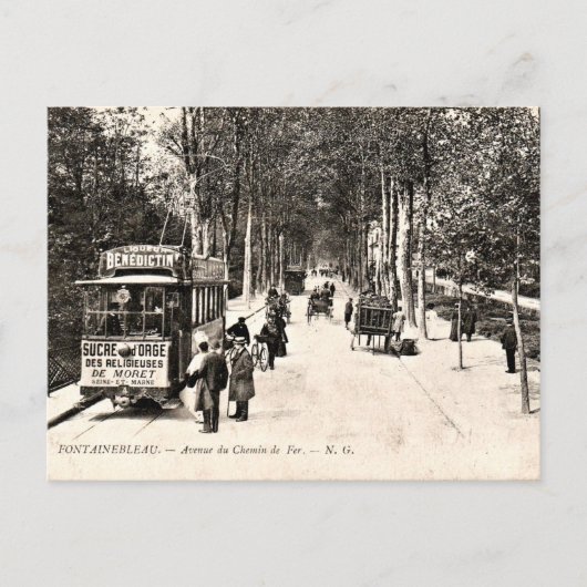 Vintage Postkarte, Straßenbahn in Fontainbleau Postkarte (Vorderseite)