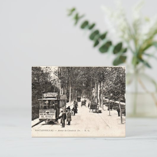 Vintage Postkarte, Straßenbahn in Fontainbleau Postkarte (Stehend Vorderseite)