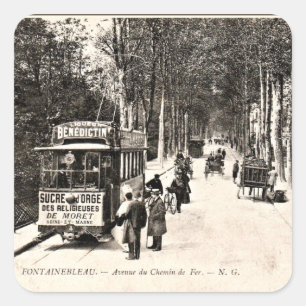 Vintage Postkarte, Straßenbahn in Fontainbleau, Quadratischer Aufkleber