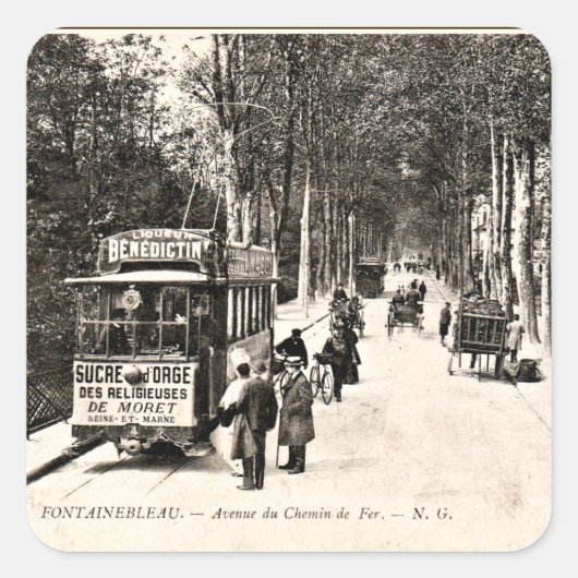 Vintage Postkarte, Straßenbahn in Fontainbleau, Quadratischer Aufkleber (Vorderseite)