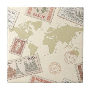 Vintage-Poststempel Weltkarte Reise (1) Fliese