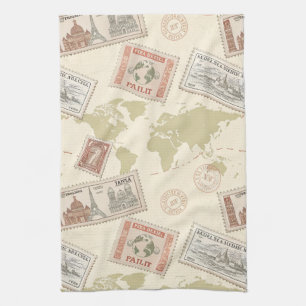 Vintage-Postwertzeichen-Weltkarte-Reise (1) Geschirrtuch