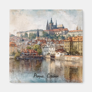 Vintage Prag Tschechien Aquarellmalerei  Magnet