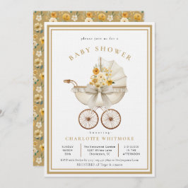 Vintage Pram Baby Shower | Ivory & Golden Florals Einladung