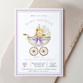 Vintage Pram Baby Shower Lavender & Golden Floral Einladung