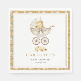 Vintage Pram Baby Shower Luncheon Napkin | Gold Serviette