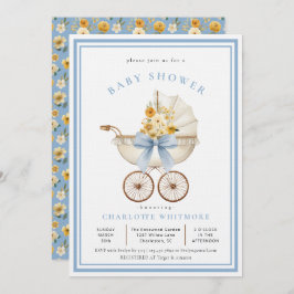 Vintage Pram Baby Shower  Sky Blue & Golden Floral Einladung
