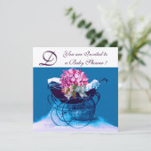 VINTAGE PRAM-BLUME BLAU BABY SHOWM-MONOGRAM EINLADUNG (Stehend Vorderseite)