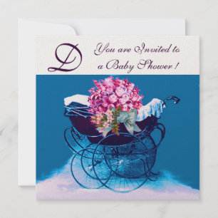 VINTAGE PRAM-BLUME BLAU BABY SHOWM-MONOGRAM EINLADUNG