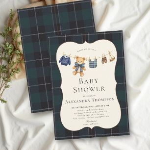 Vintage Preppy Karo Wäscheleine Jungen-Baby-Party Einladung