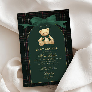 Vintage-preppy-Teddybär-grün-kariert-Baby-Party Einladung